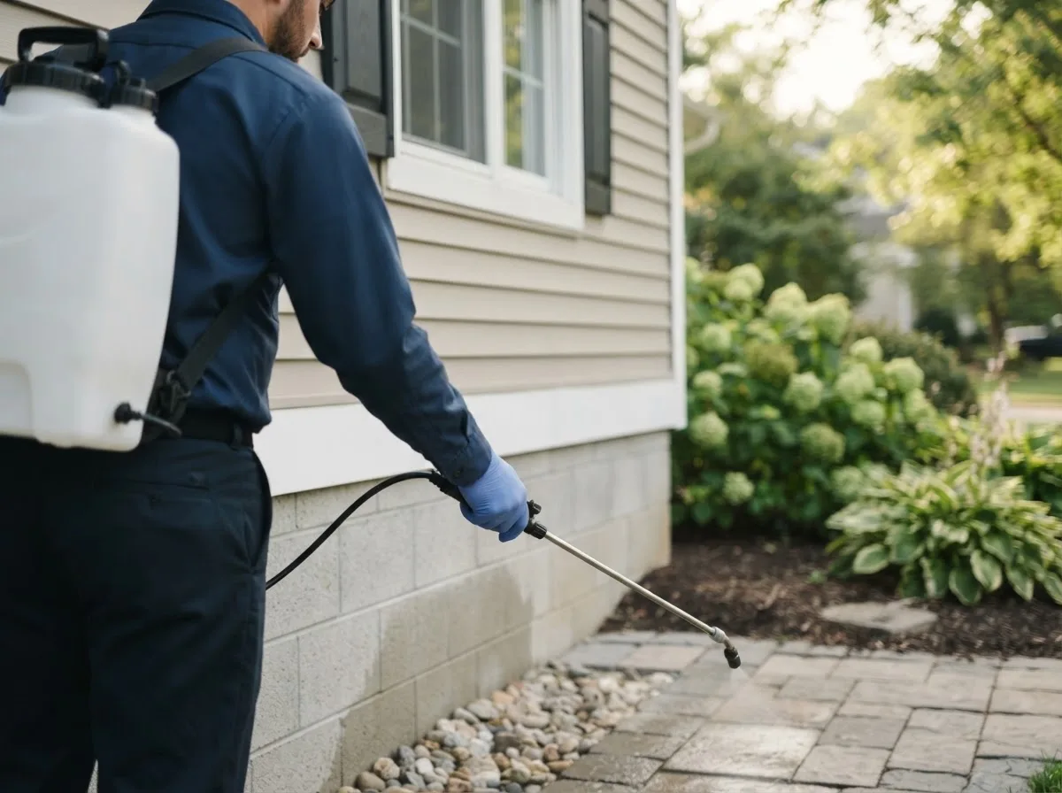 Pest control technician inspecting a home in Clarington, OH